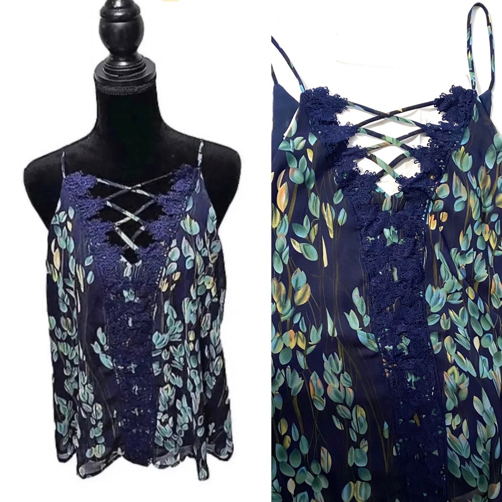 Navy print lace up cami